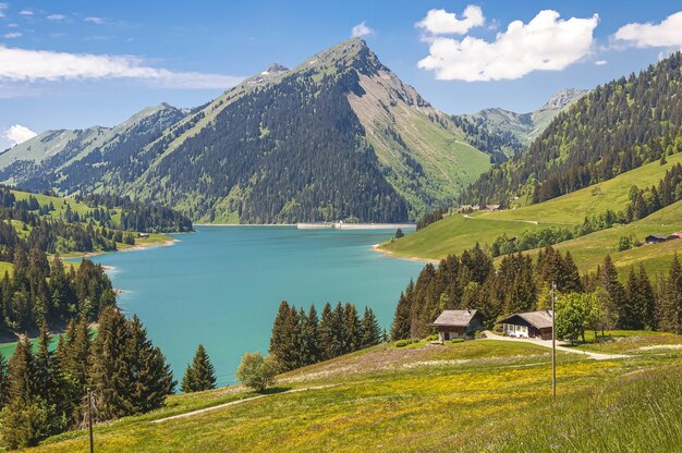 Hermosa vista de un lago rodeado por montañas en el lago Longrin y la presa Suiza, Swissalps