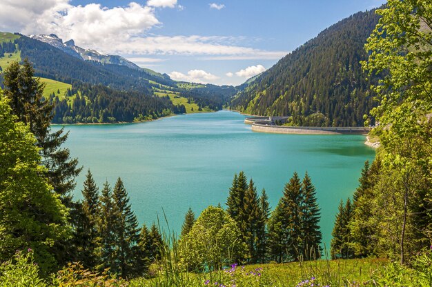 Hermosa vista de un lago rodeado de montañas en el lago Longrin y la presa Suiza