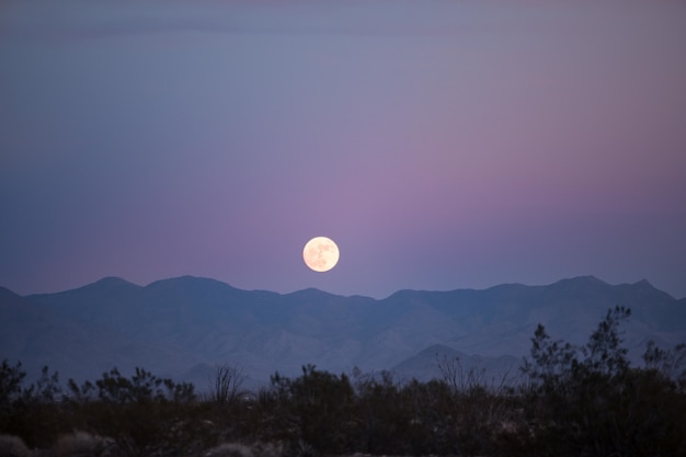 Hermosa vista de la luna llena en la noche sobre las siluetas de las montañas y la vegetación