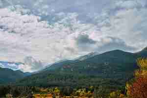 Foto gratuita hermosa vista de nubes y bosque de otoño en las montañas de pirin en un día de otoño