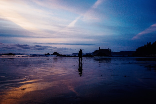 Hermosa vista de una persona de pie sobre las arenas húmedas cerca del mar capturada en el crepúsculo