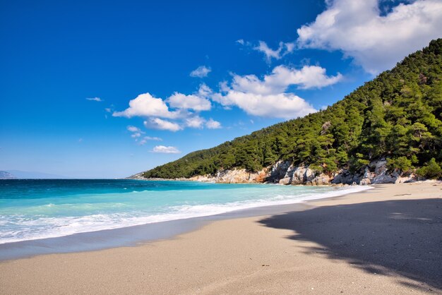 Hermosa vista de una playa de Kastani en la isla de Skopelos, Grecia