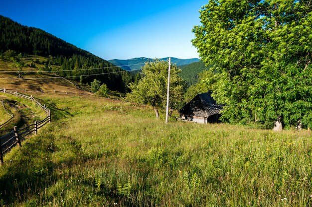 Hermosa vista del pueblo en las montañas de los Cárpatos ucranianos.
