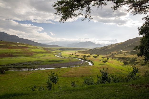 Hermosa vista del río, árboles y pastos rodeados de montañas con un cielo azul nublado