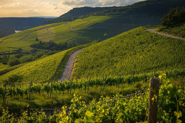 Hermosa vista de un viñedo en las verdes colinas al atardecer