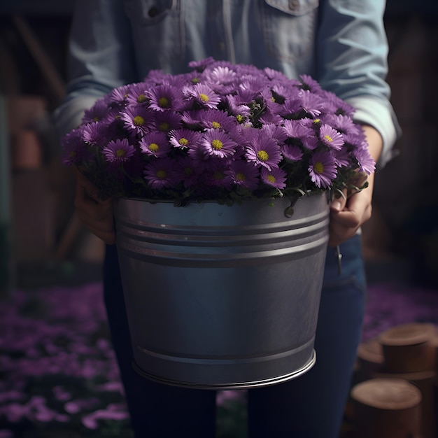 Foto gratuita hermosas flores en un cubo en las manos de un florista