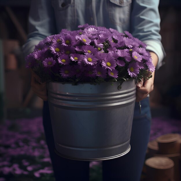 Hermosas flores en un cubo en las manos de un florista