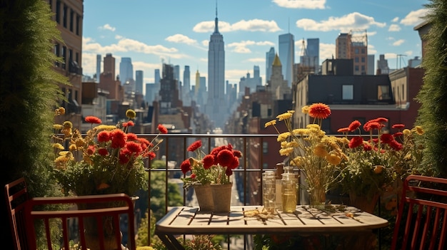 Hermosas flores y edificio Empire State.