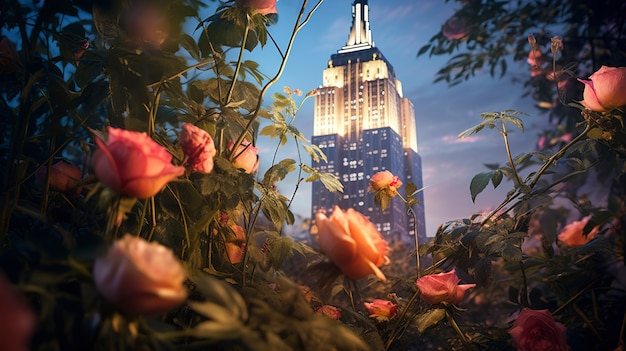 Hermosas flores y edificio Empire State.