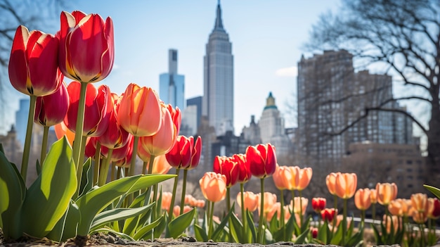 Hermosas flores y edificio Empire State.