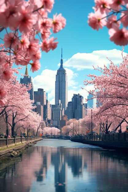 Hermosas flores y edificio Empire State.