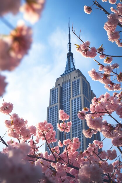 Hermosas flores y edificio Empire State.