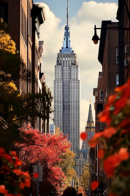 Hermosas flores y edificio Empire State.