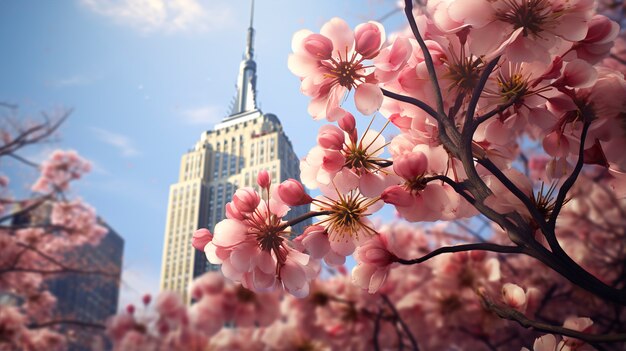 Hermosas flores y edificio Empire State.