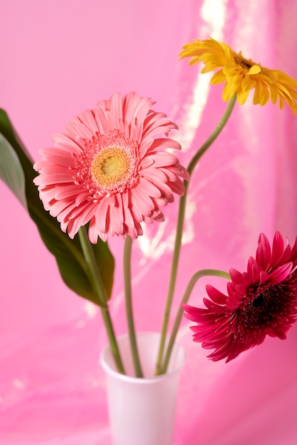 Foto gratuita hermosas flores de gerbera coloridas en florero