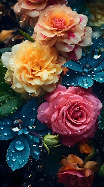 Hermosas flores con gotas de agua