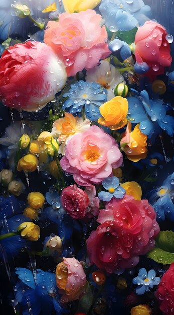 Hermosas flores con gotas de agua
