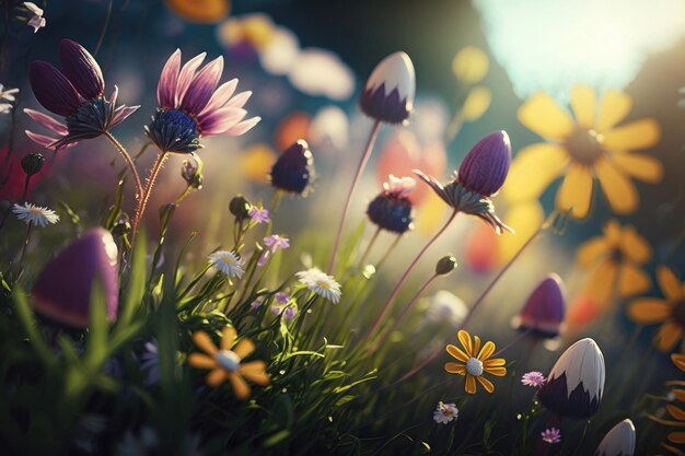 Hermosas flores de primavera en el prado al atardecer Fondo de naturaleza