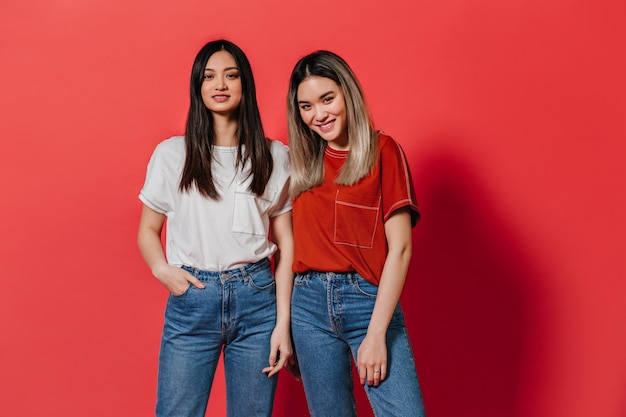 Hermosas mujeres en elegantes camisetas y jeans miran al frente en la pared roja