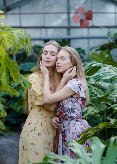 Hermosas mujeres posando mientras abrazaba