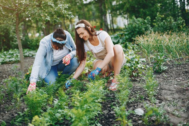 Hermosas mujeres trabaja en un jardín.