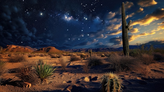 Foto gratuita hermosas plantas de cactus con paisaje desértico y la noche