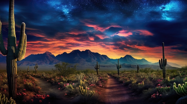 Foto gratuita hermosas plantas de cactus con paisaje desértico y la noche