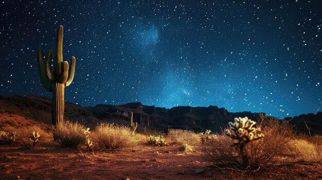 Hermosas plantas de cactus con paisaje desértico y la noche