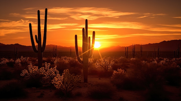 Foto gratuita hermosas plantas de cactus con paisaje desértico y puesta de sol