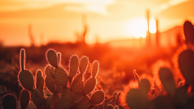 Foto gratuita hermosas plantas de cactus con paisaje desértico y puesta de sol