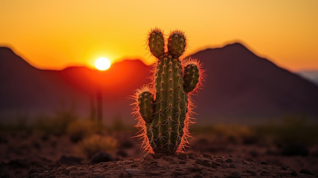Hermosas plantas de cactus con paisaje desértico y puesta de sol