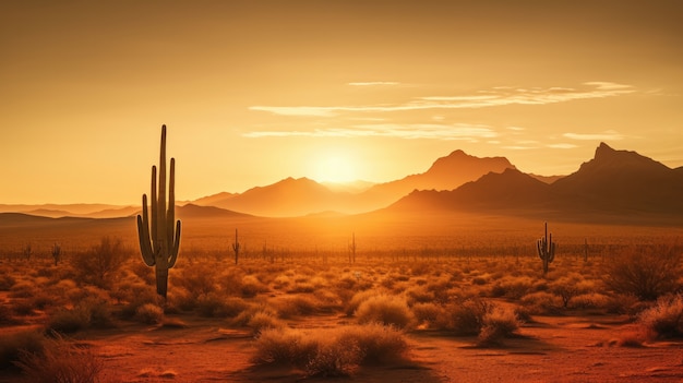 Hermosas plantas de cactus con paisaje desértico y puesta de sol