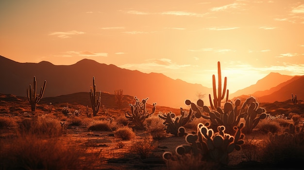 Hermosas plantas de cactus con paisaje desértico y puesta de sol