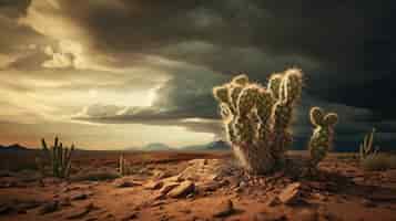 Foto gratuita hermosas plantas de cactus con paisaje desértico y tormenta