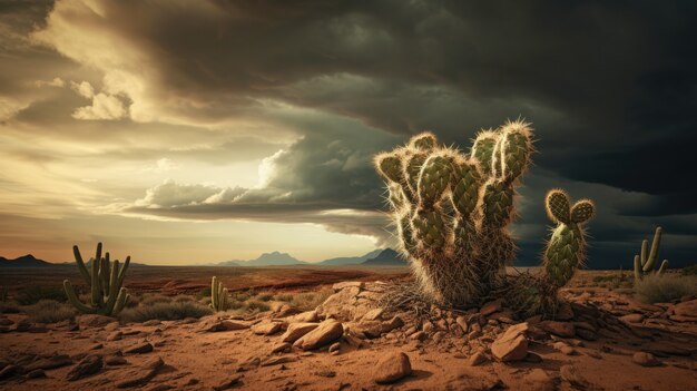 Hermosas plantas de cactus con paisaje desértico y tormenta