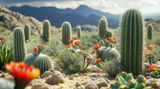 Hermosas plantas de cactus con paisajes desérticos