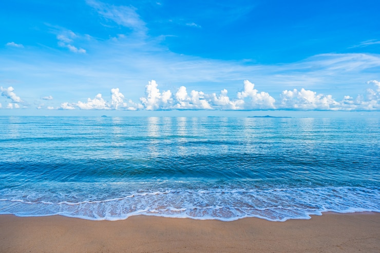 Foto gratuito hermosas playas tropicales mar océano con nubes blancas cielo azul y copyspace