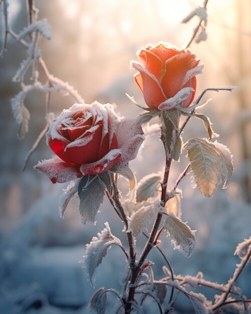 Hermosas rosas congeladas al aire libre