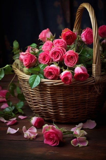 Hermosas rosas florecientes en cesta de mimbre