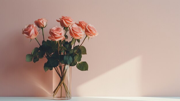 Hermosas rosas florecientes en florero