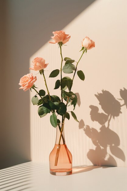 Hermosas rosas florecientes en florero