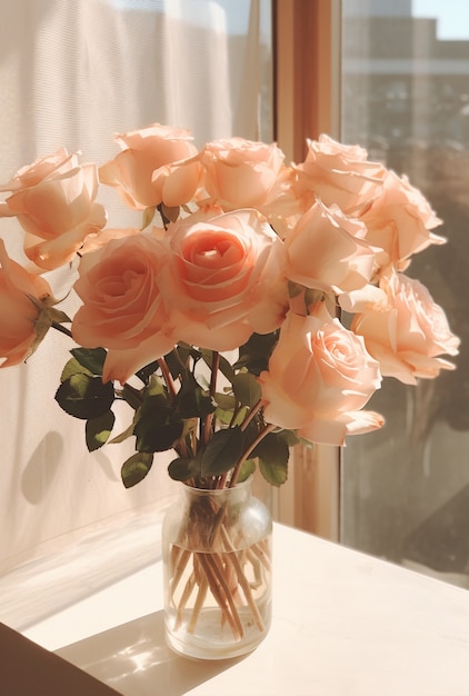 Hermosas rosas florecientes en florero