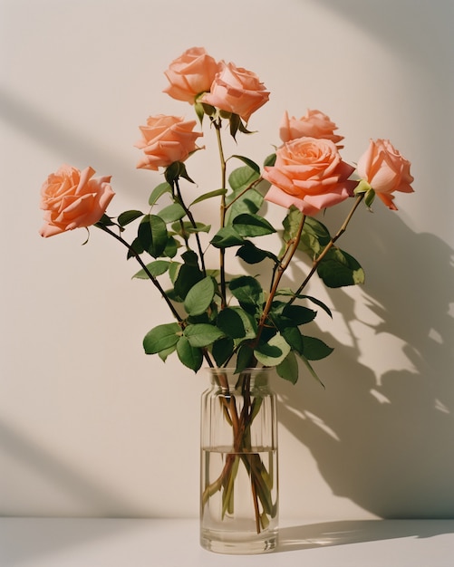 Hermosas rosas florecientes en florero