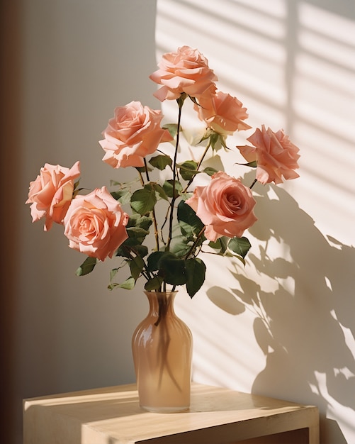 Hermosas rosas florecientes en florero