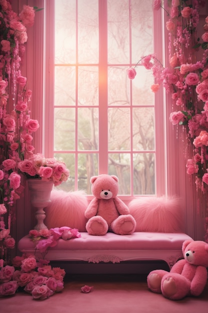 Foto gratuita hermosas rosas con lindo osito de peluche.