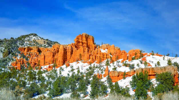 Hermoso acantilado rocoso rodeado de colinas cubiertas de nieve y árboles bajo el cielo azul claro