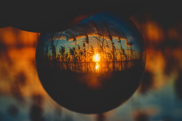 Hermoso amanecer vista al revés desde una perspectiva de bola de cristal