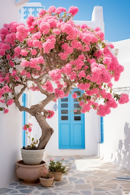 Un hermoso árbol con flores rosas