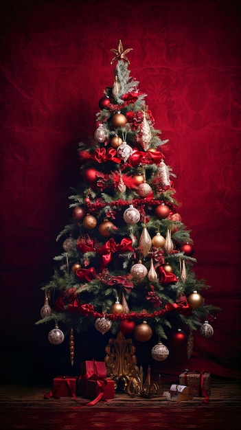 Hermoso árbol de navidad decorado con muchos adornos