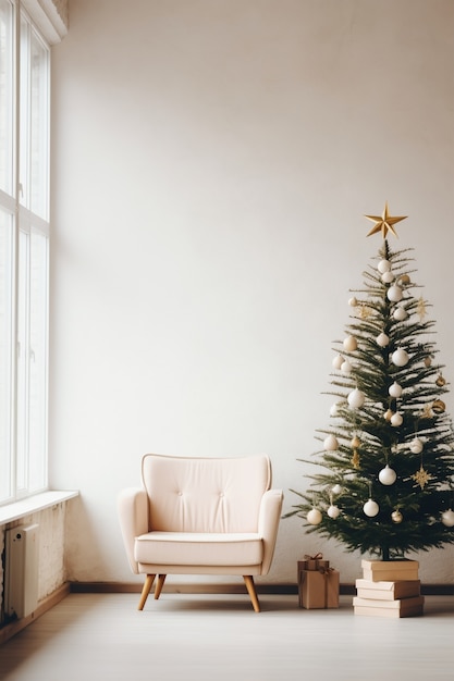 Foto gratuita hermoso árbol de navidad con sillón.